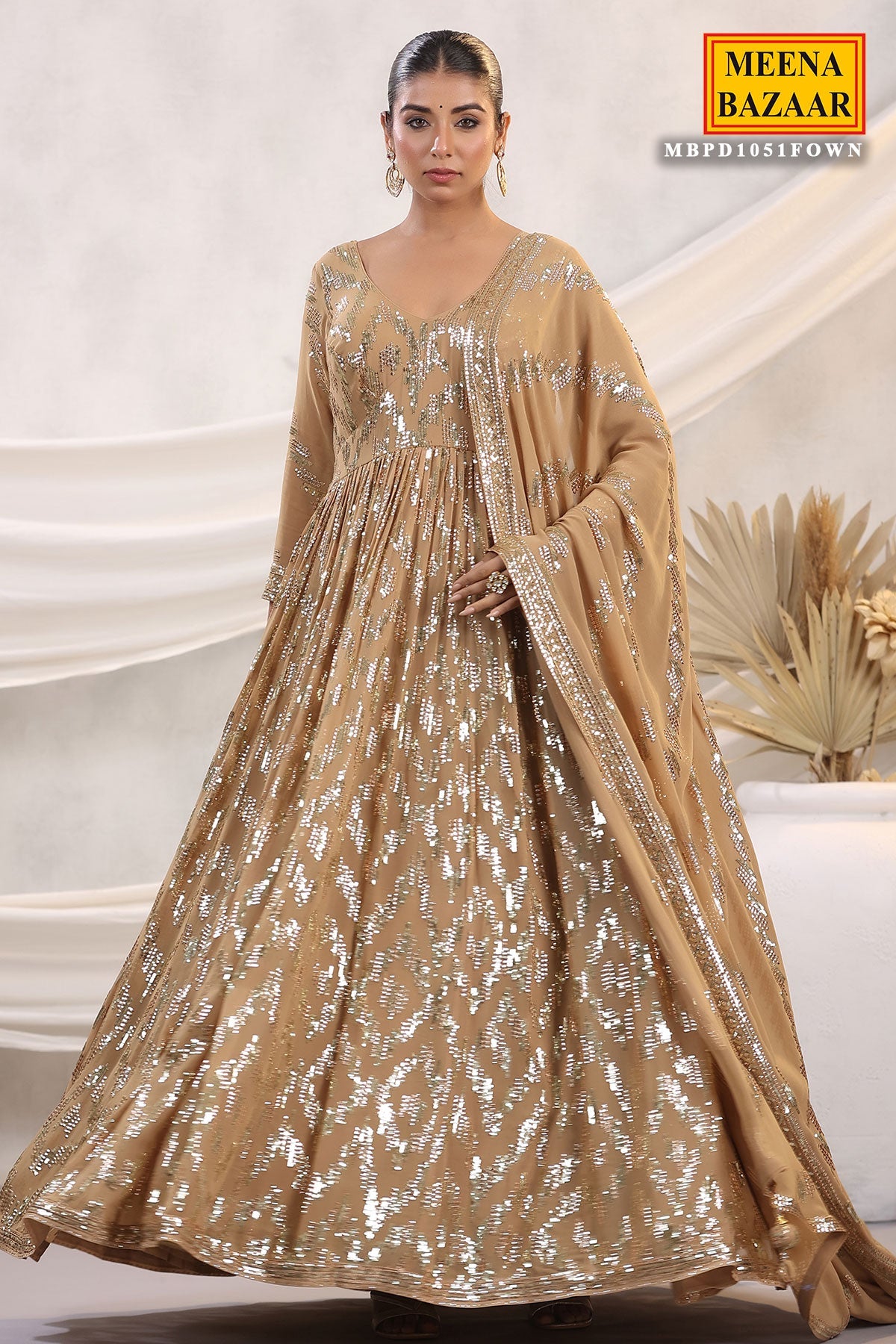 Fawn Georgette Sequins Embroidered Floor Length Anarkali Gown with Dupatta