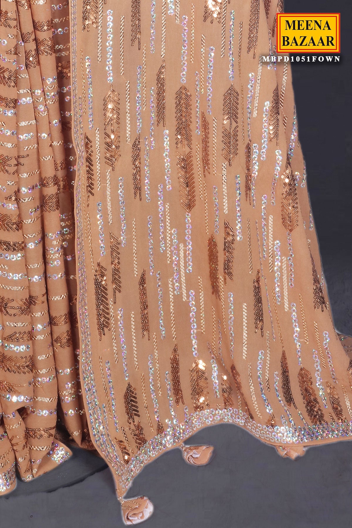 Fawn Sequins and Thread Embroidered Georgette Saree