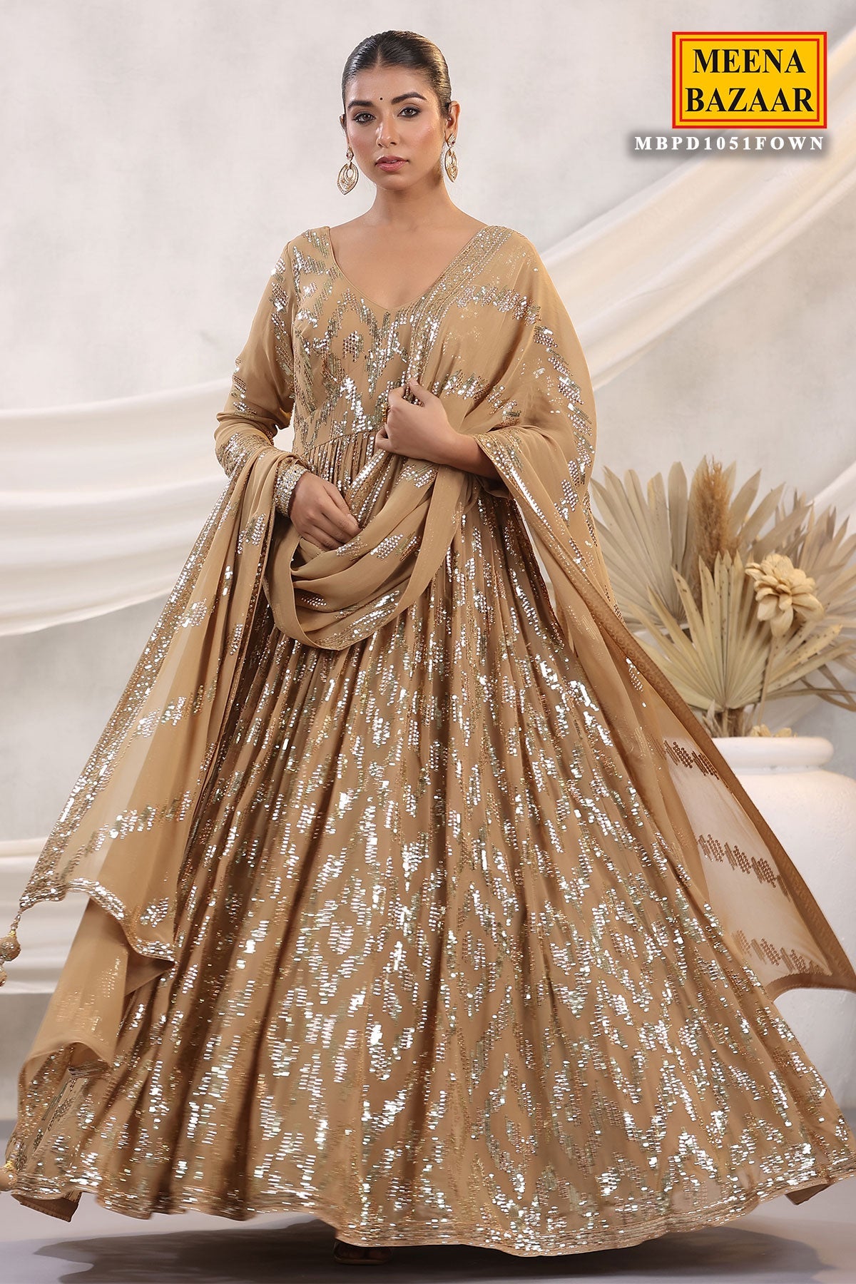 Fawn Georgette Sequins Embroidered Floor Length Anarkali Gown with Dupatta