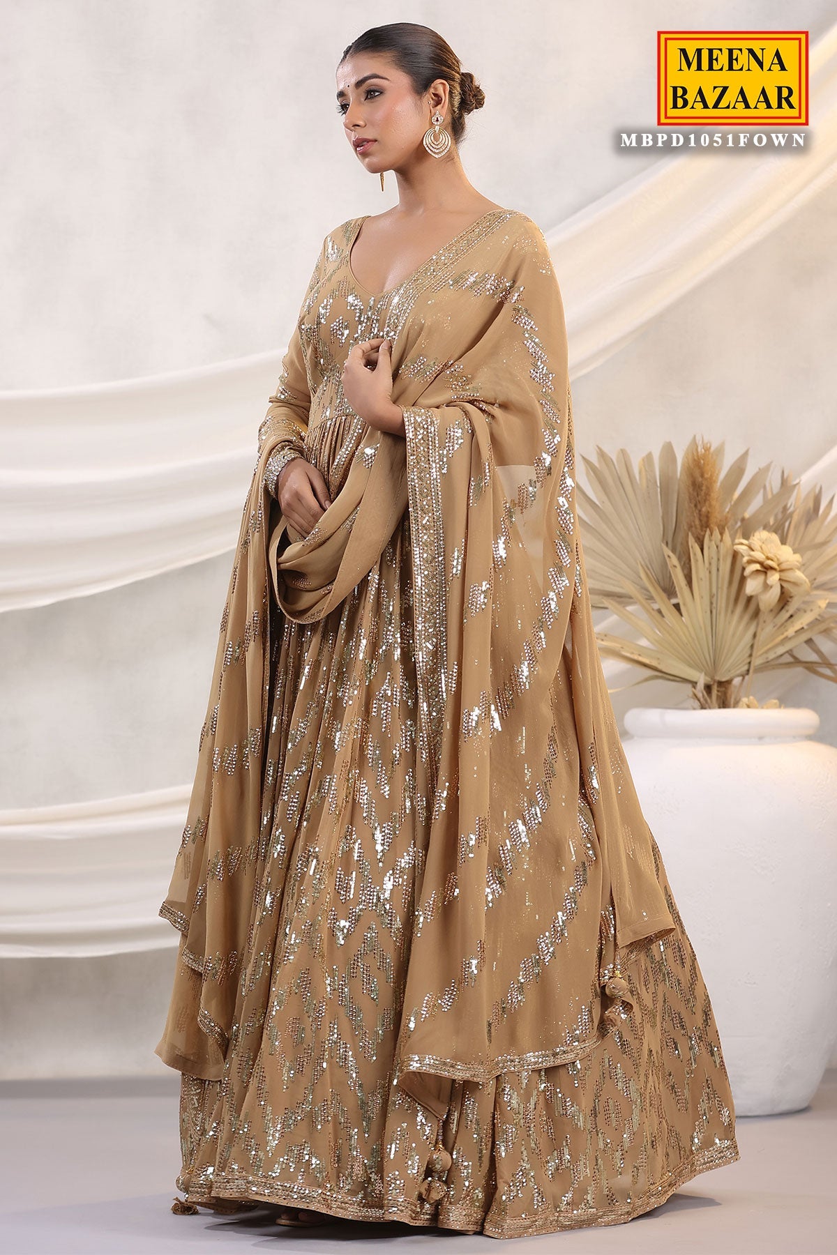 Fawn Georgette Sequins Embroidered Floor Length Anarkali Gown with Dupatta