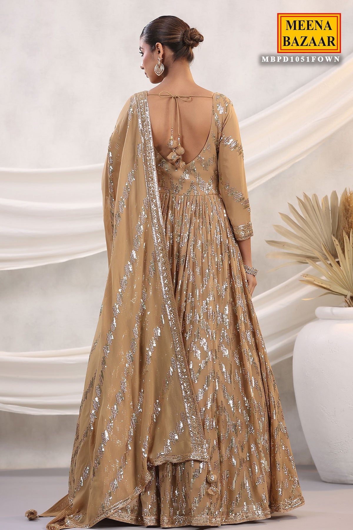 Fawn Georgette Sequins Embroidered Floor Length Anarkali Gown with Dupatta