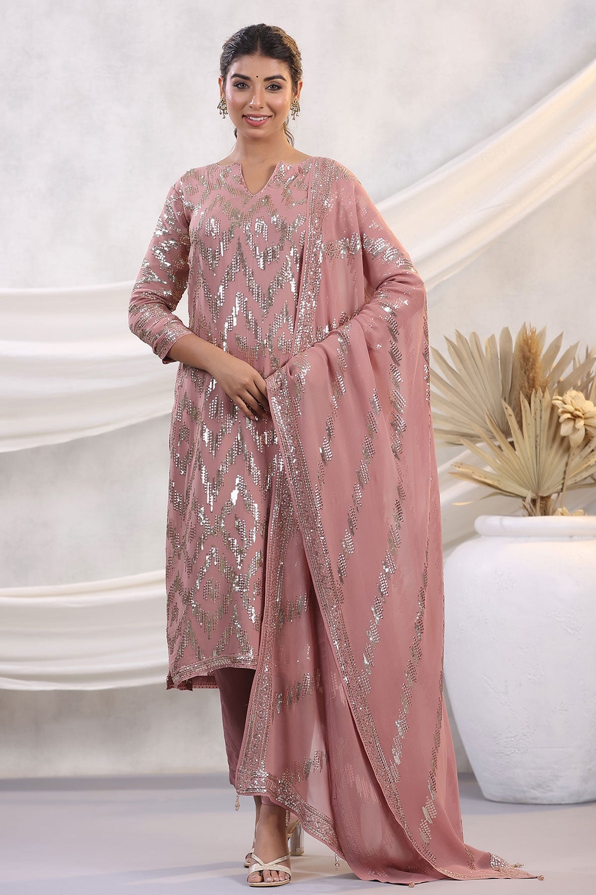 Mauve Georgette Sequins Embroidered Unstitched Suit