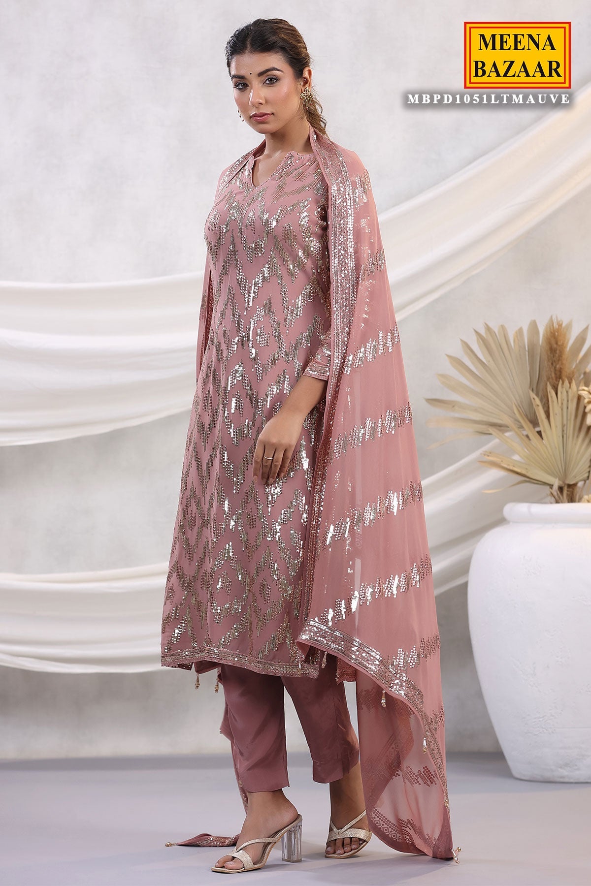 Mauve Georgette Sequins Embroidered Unstitched Suit