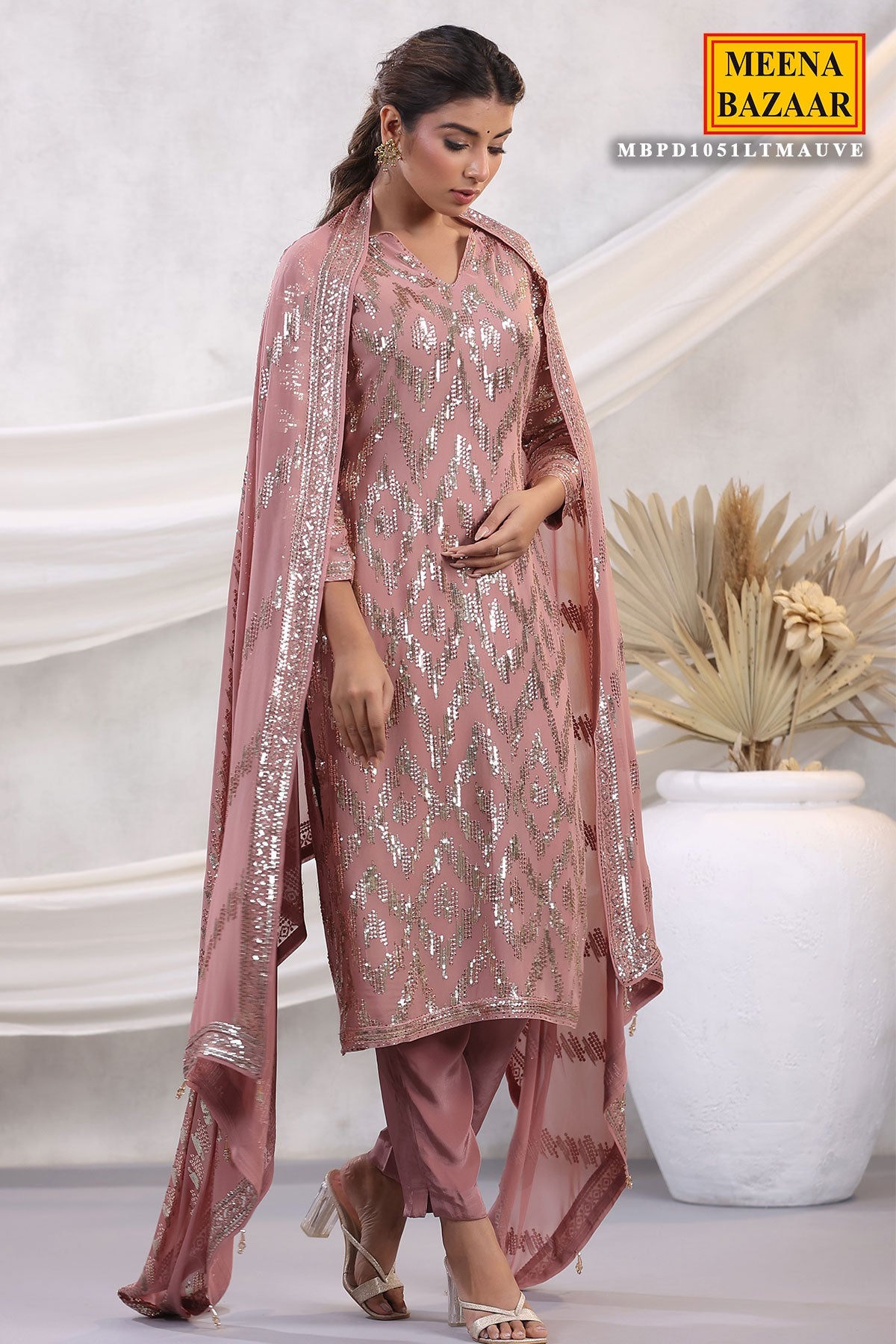Mauve Georgette Sequins Embroidered Unstitched Suit