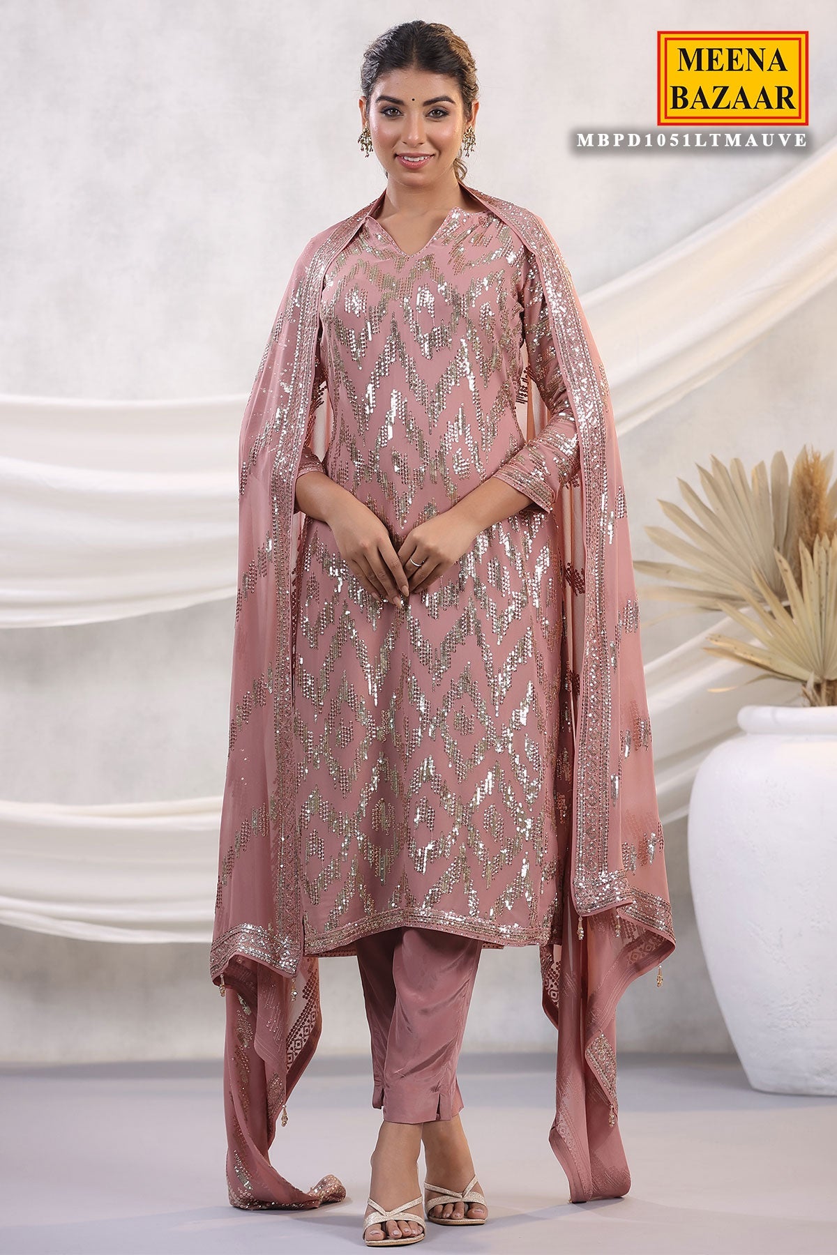 Mauve Georgette Sequins Embroidered Unstitched Suit