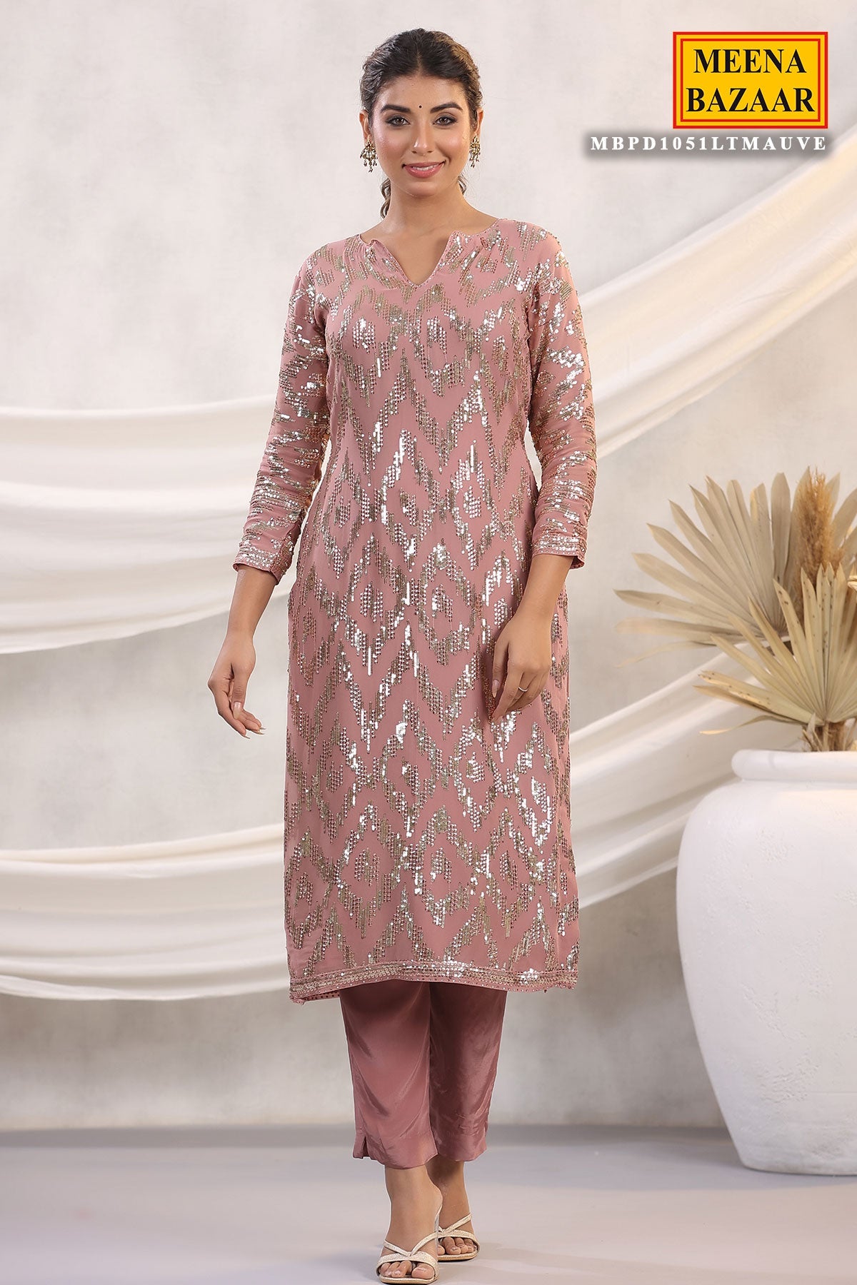 Mauve Georgette Sequins Embroidered Unstitched Suit