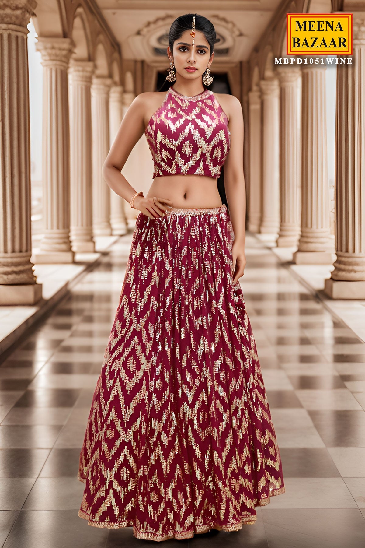 Wine Georgette Sequins Embroidered Lehenga with Dupatta