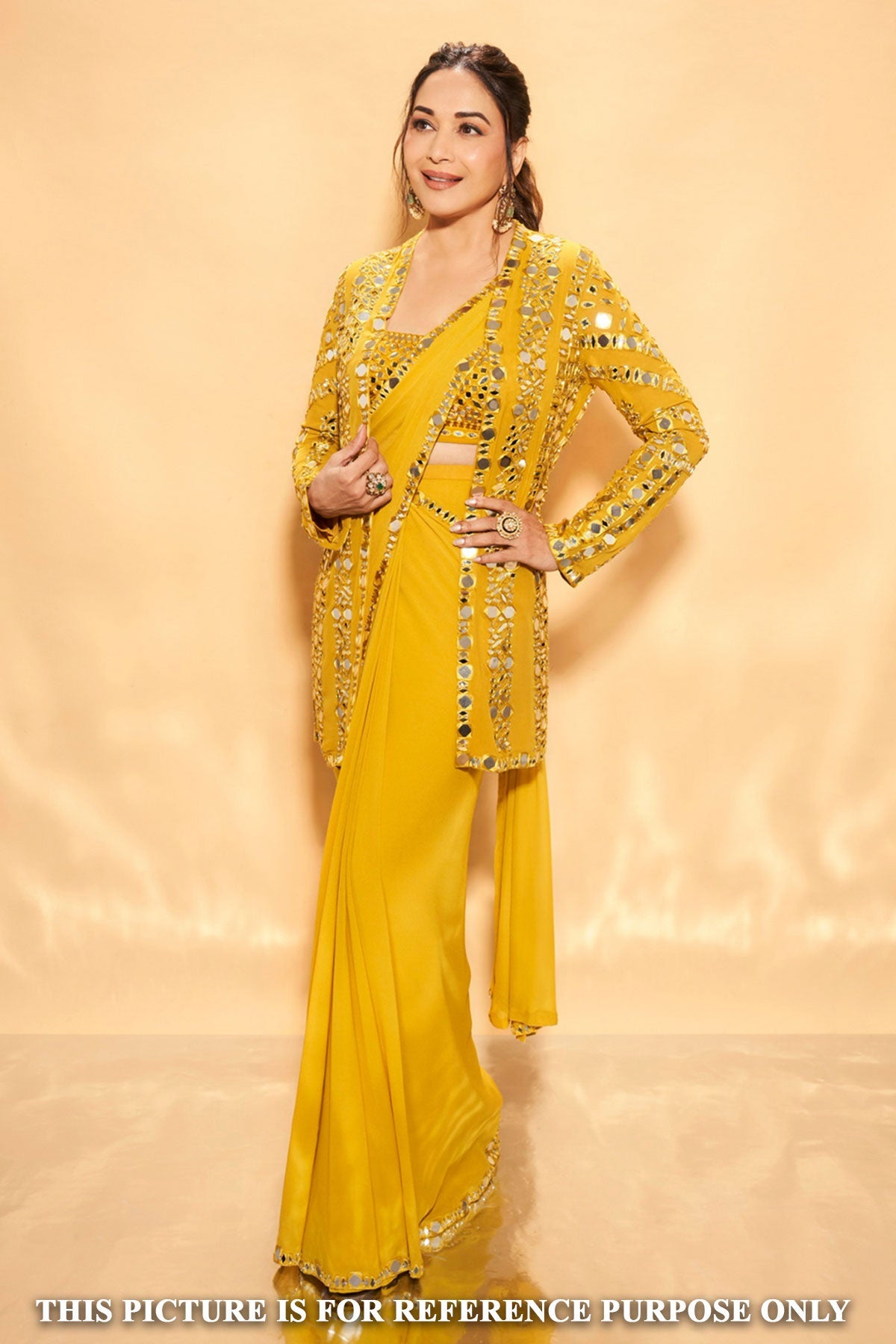 Mustard Georgette Mirror Work Pre Stitched Saree With Jacket