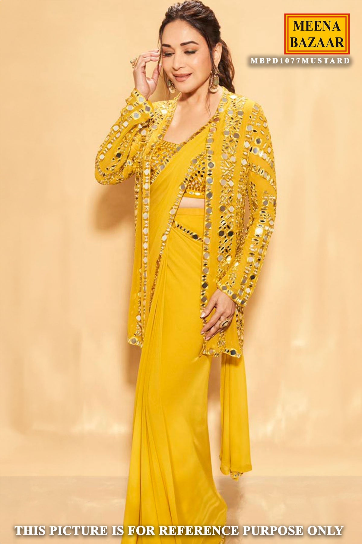 Mustard Georgette Mirror Work Pre Stitched Saree With Jacket