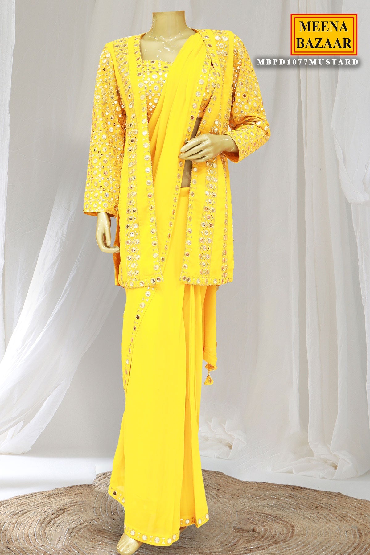 Mustard Georgette Mirror Work Pre Stitched Saree With Jacket