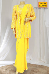 Mustard Georgette Mirror Work Pre Stitched Saree With Jacket