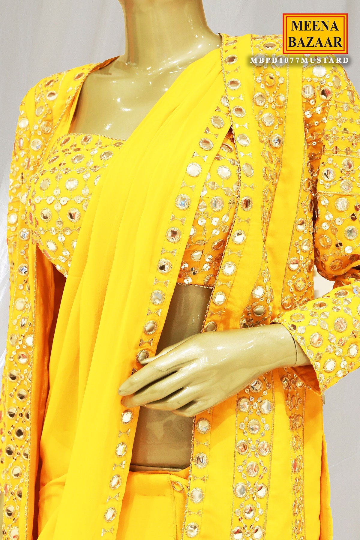 Mustard Georgette Mirror Work Pre Stitched Saree With Jacket