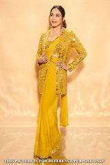 Mustard Georgette Mirror Work Pre Stitched Saree With Jacket