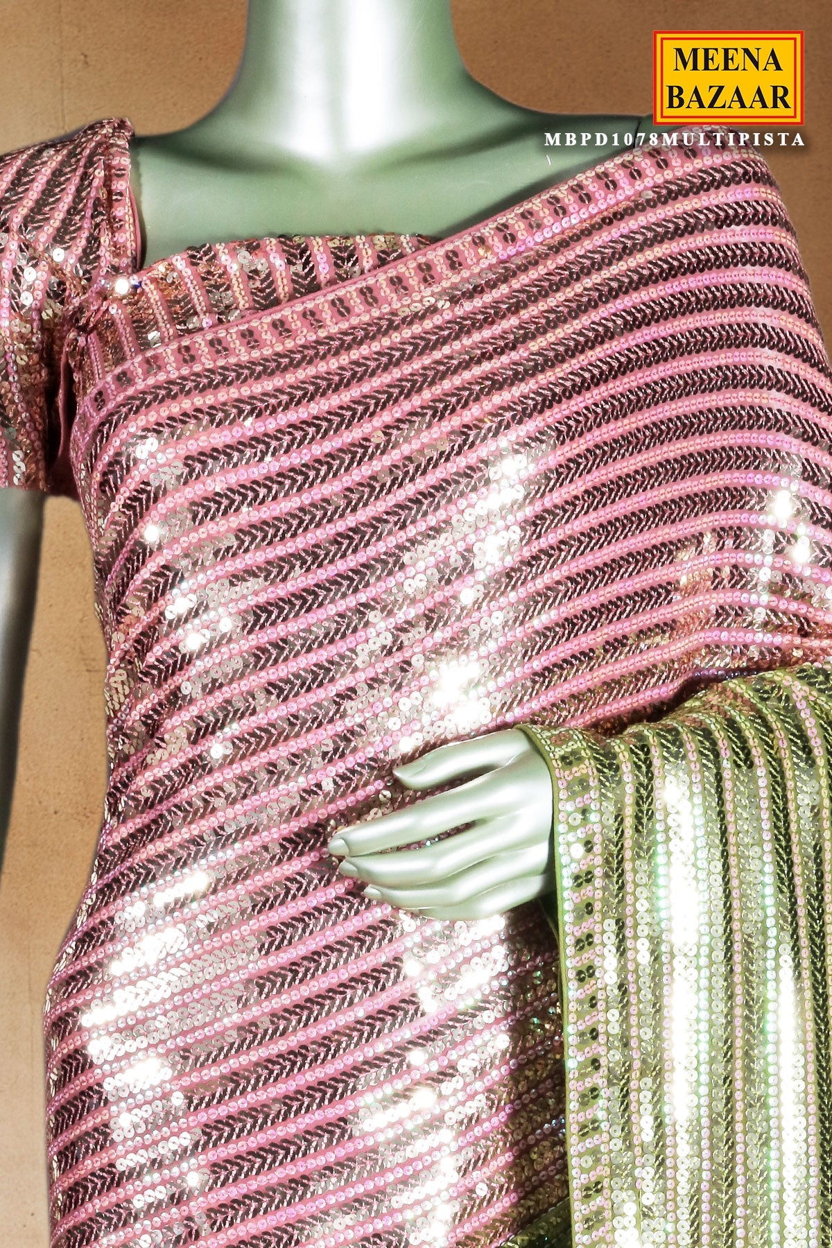 Pista & Pink Sequin Embroidered Georgette Saree