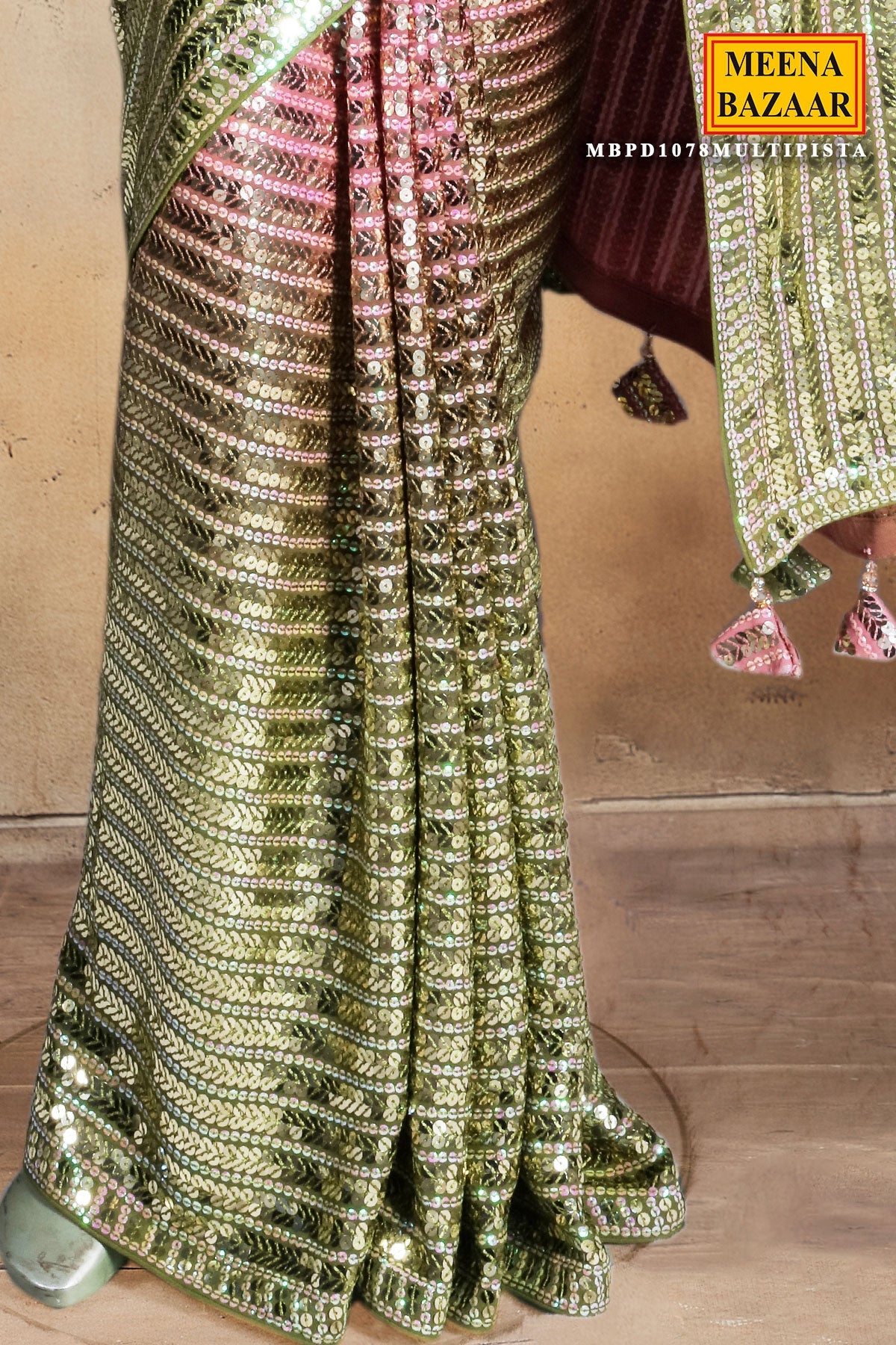 Pista & Pink Sequin Embroidered Georgette Saree