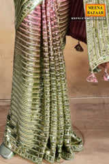 Pista & Pink Sequin Embroidered Georgette Saree