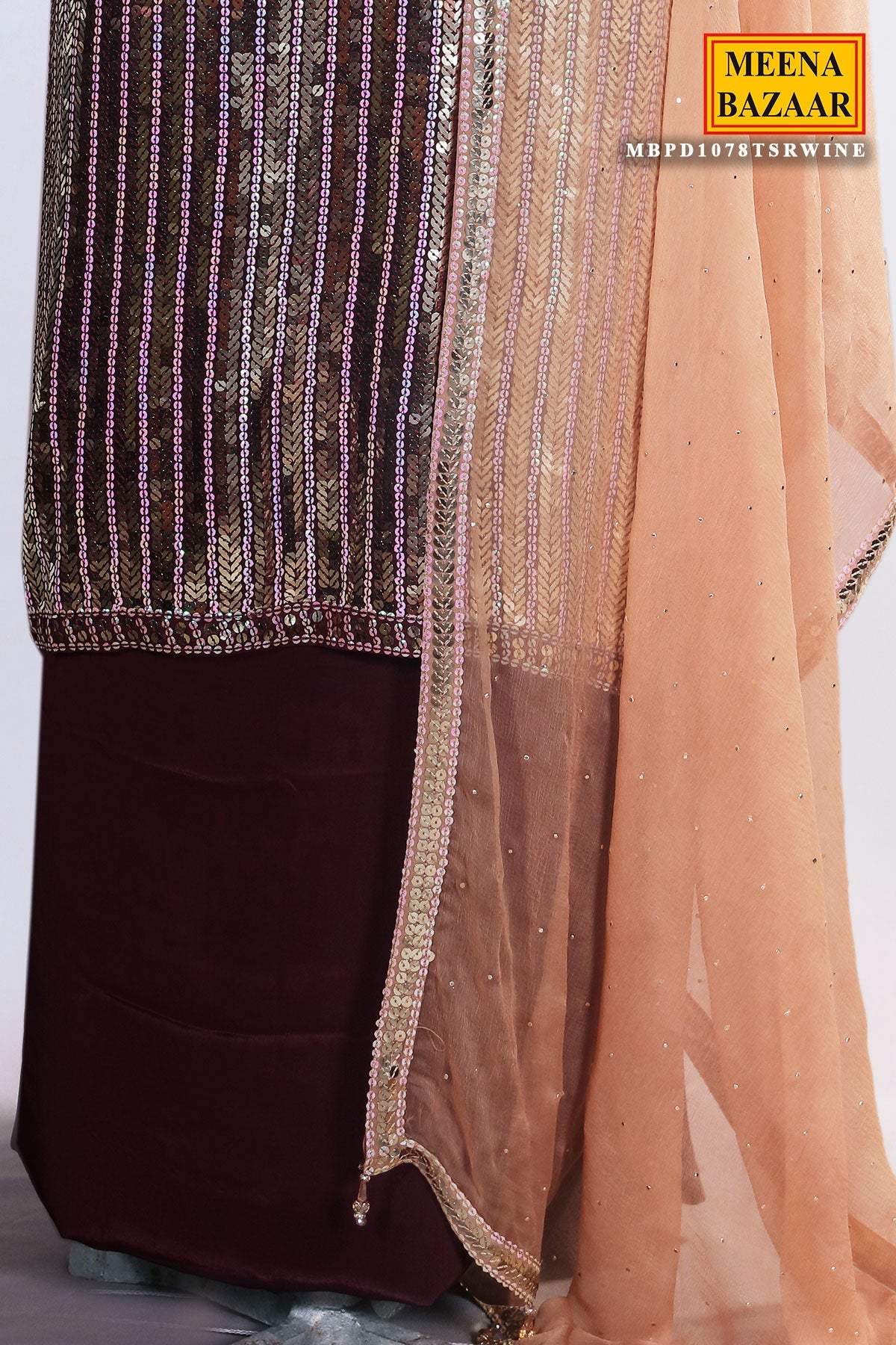 Wine & Brown Ombre Print Georgette Sequin Embroidered Unstitched Suit