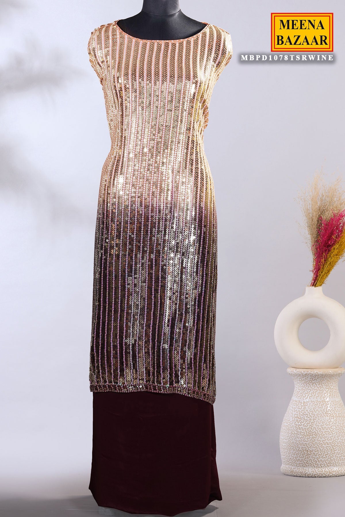 Wine & Brown Ombre Print Georgette Sequin Embroidered Unstitched Suit