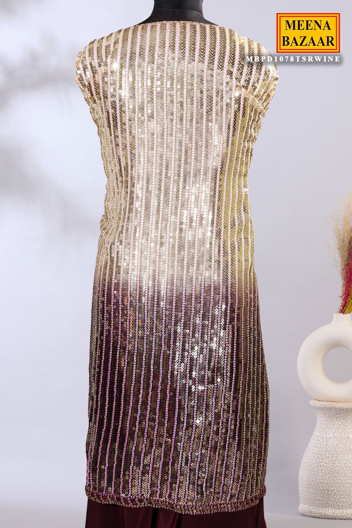 Wine & Brown Ombre Print Georgette Sequin Embroidered Unstitched Suit