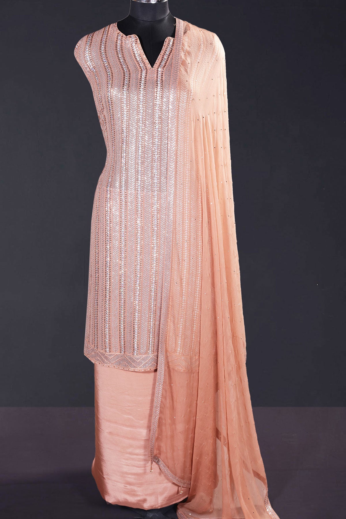 Copper Brown Georgette Sequin Embroidered 3Pc Unstitched Suit Set