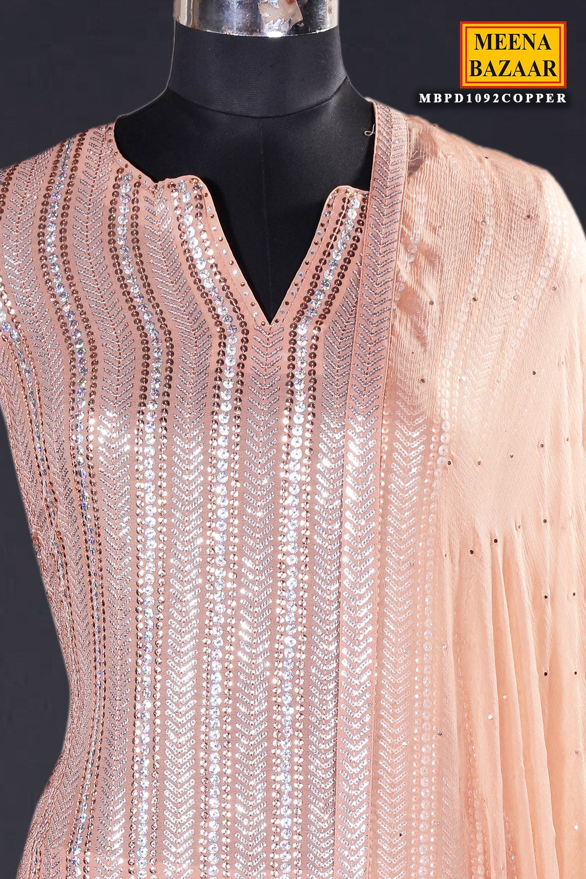 Copper Brown Georgette Sequin Embroidered 3Pc Unstitched Suit Set