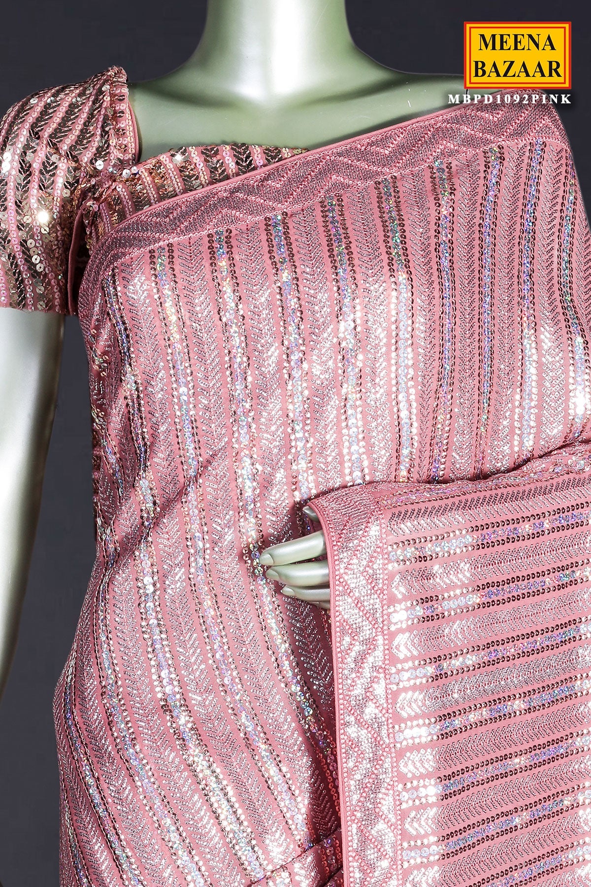 Deep Salmon Pink Georgette Sequin  Embroidered Saree