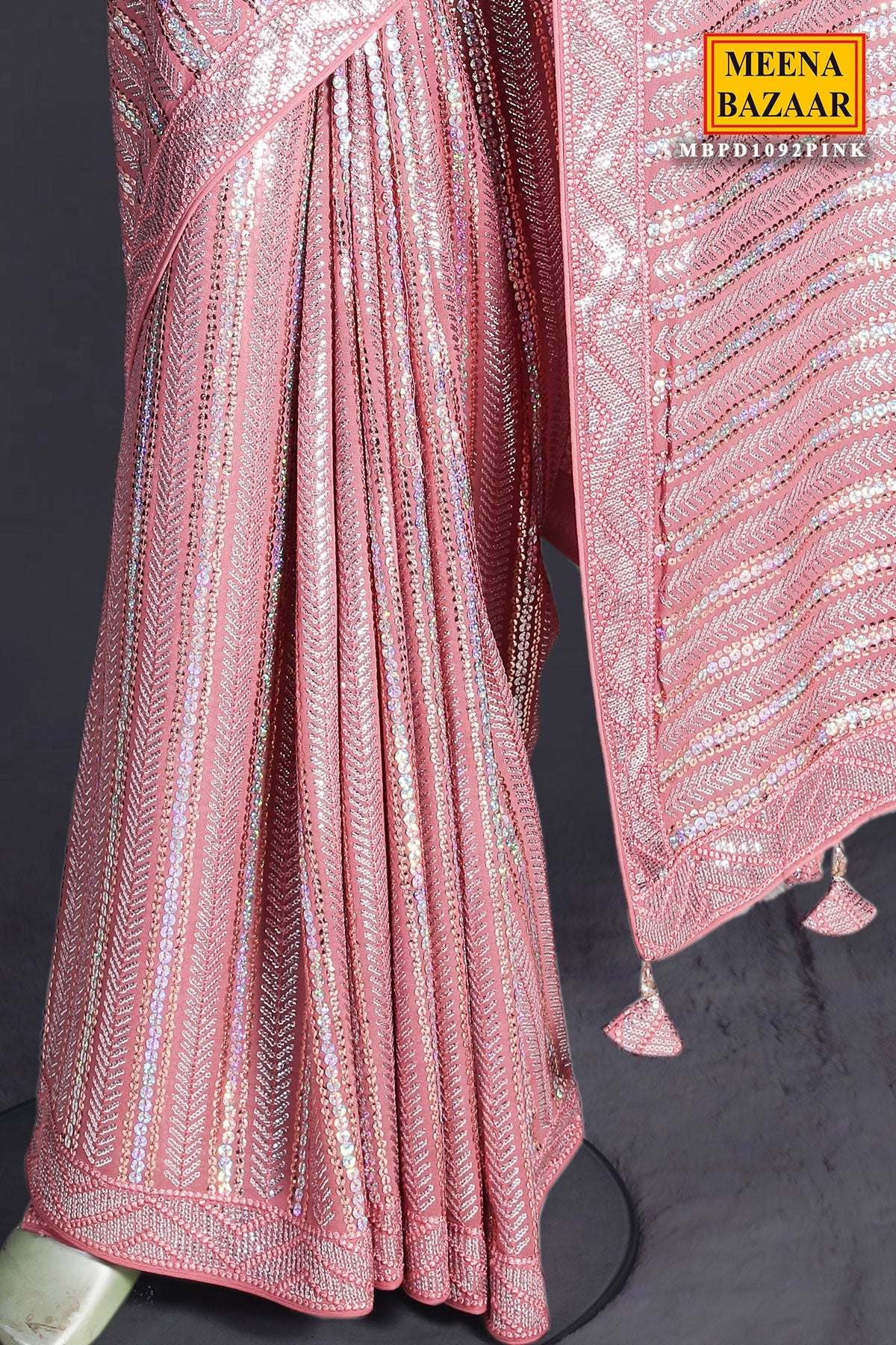 Deep Salmon Pink Georgette Sequin  Embroidered Saree