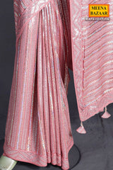 Deep Salmon Pink Georgette Sequin  Embroidered Saree