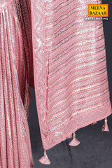 Deep Salmon Pink Georgette Sequin  Embroidered Saree