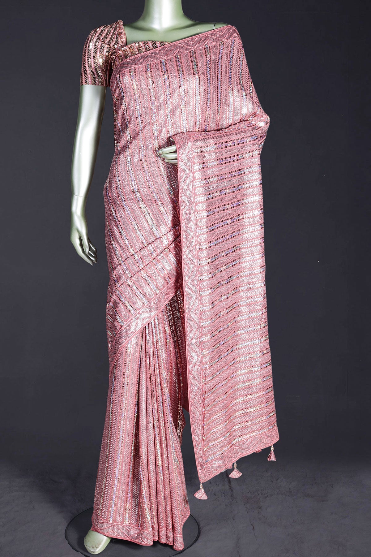 Deep Salmon Pink Georgette Sequin  Embroidered Saree