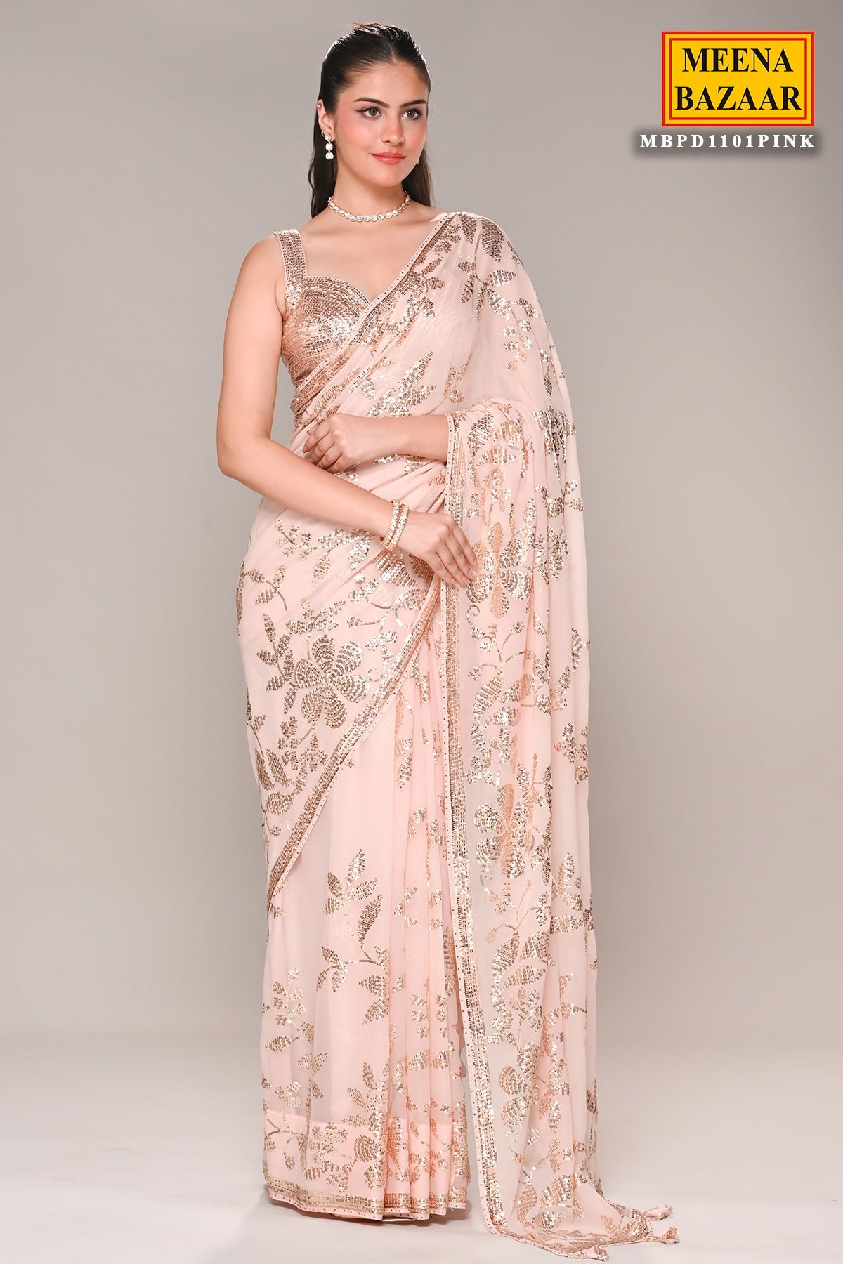 Pink Floral Sequin Embroidered Georgette Saree
