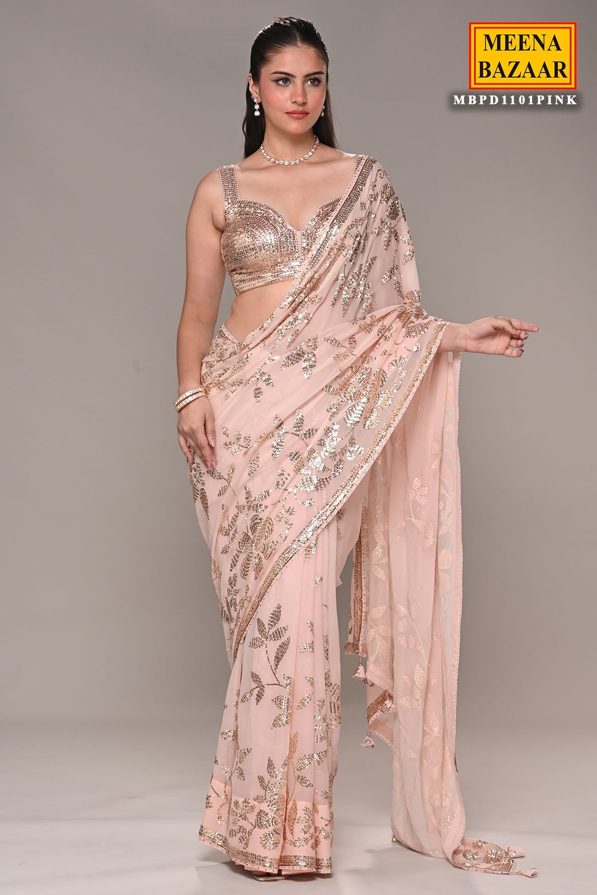 Pink Floral Sequin Embroidered Georgette Saree