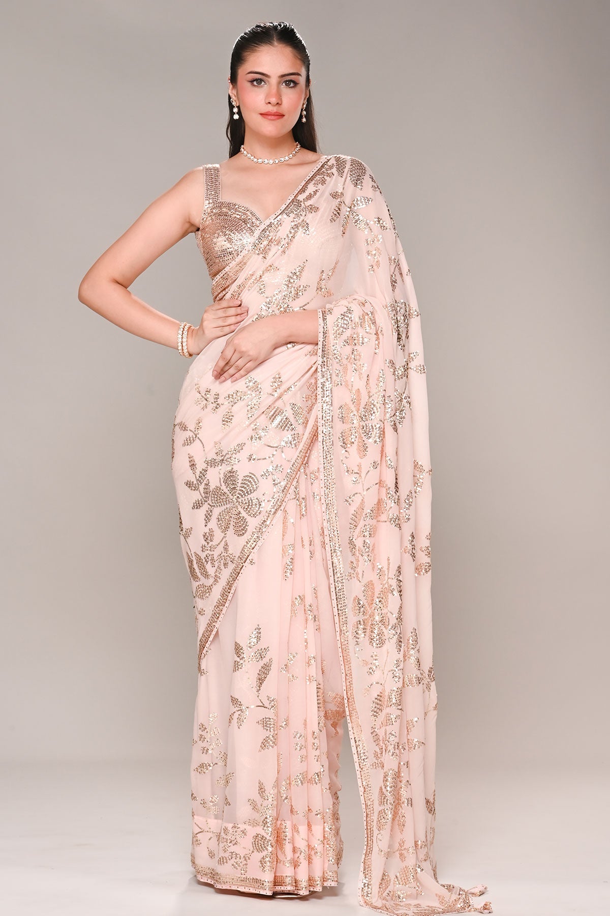 Pink Floral Sequin Embroidered Georgette Saree