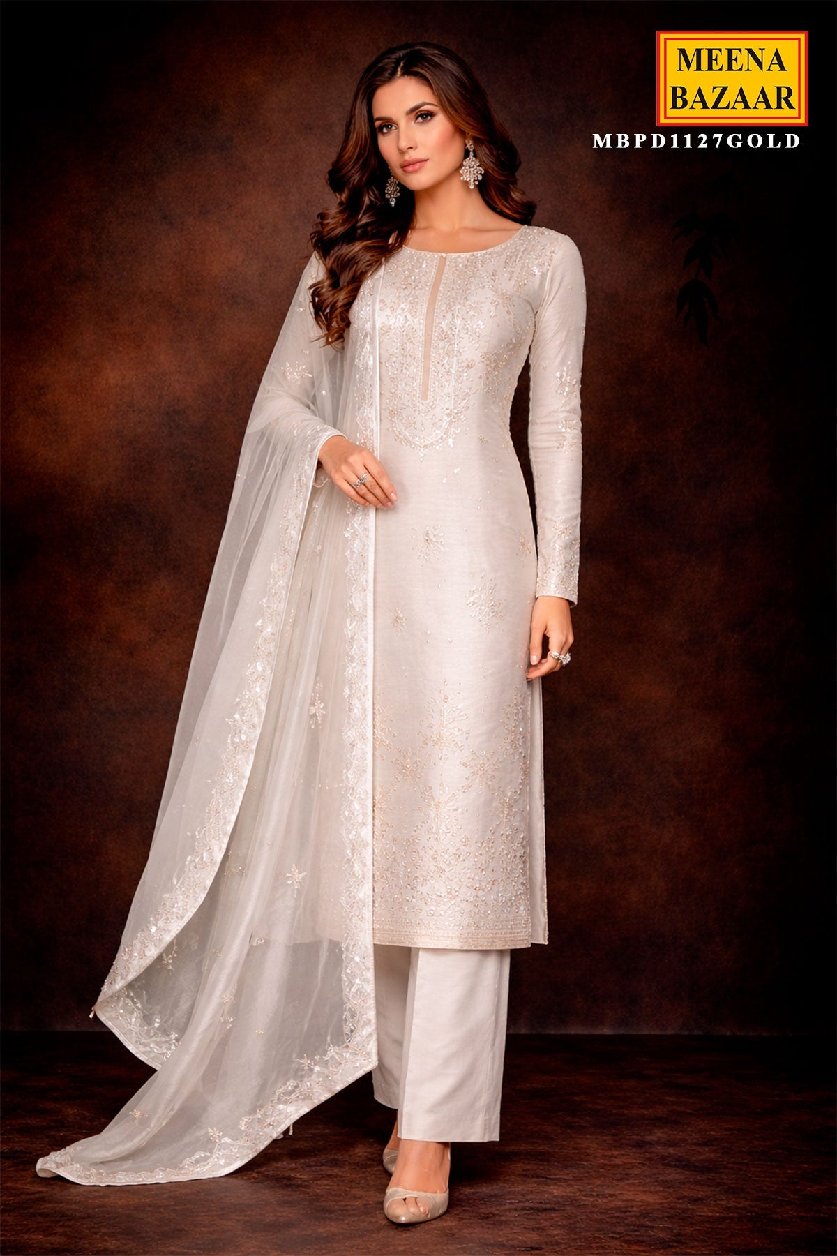 Gold Silk Unstitched Suit with Zari & Sequin Work