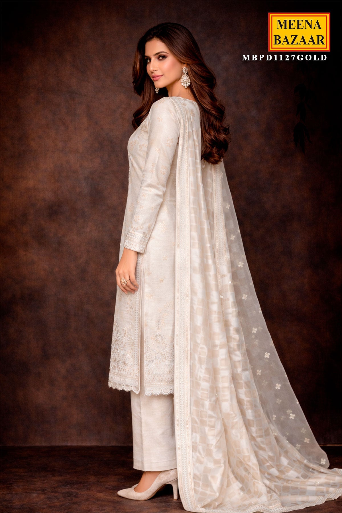 Gold Silk Unstitched Suit with Zari & Sequin Work