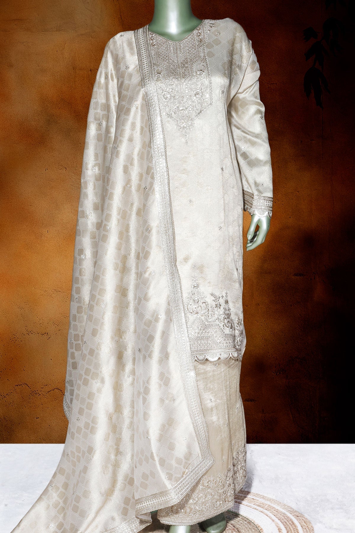 Gold Silk Unstitched Suit with Zari & Sequin Work