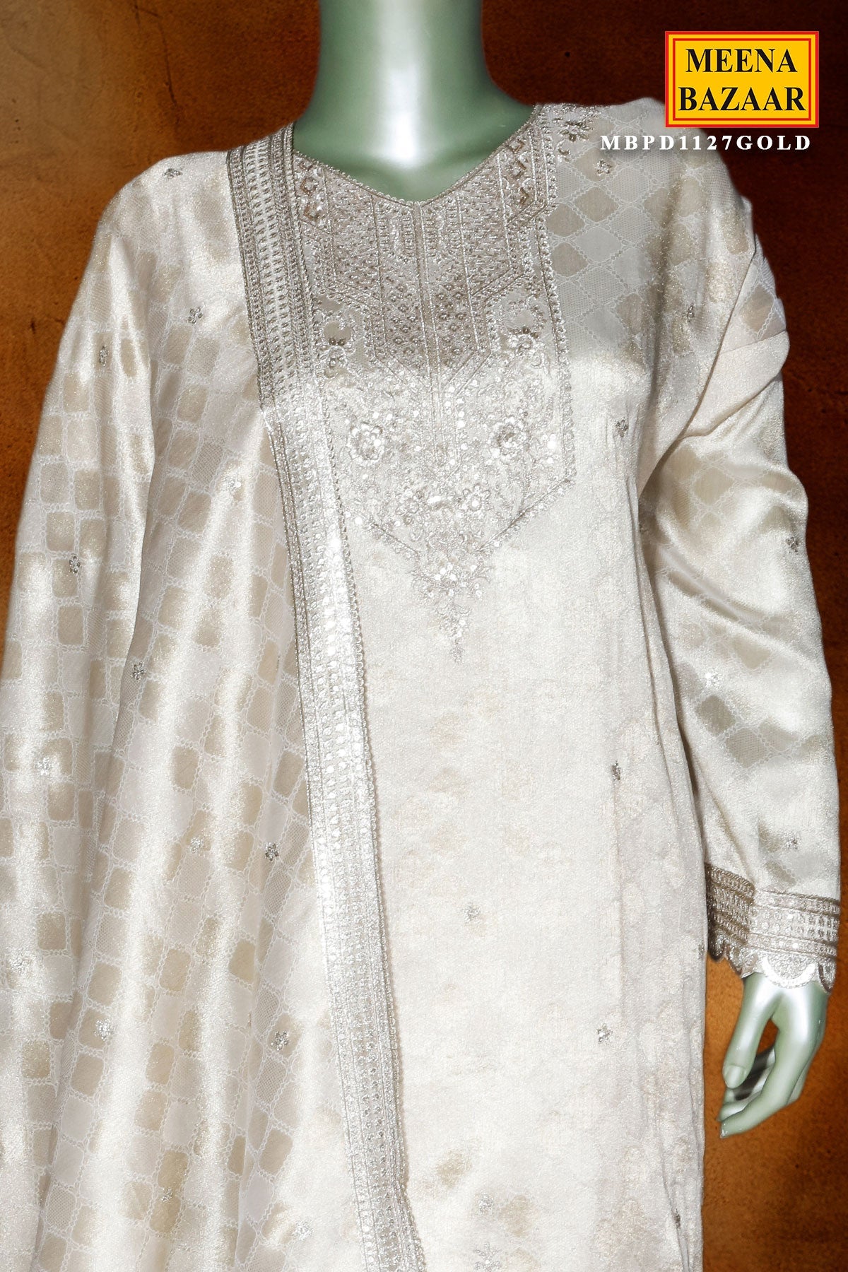 Gold Silk Unstitched Suit with Zari & Sequin Work