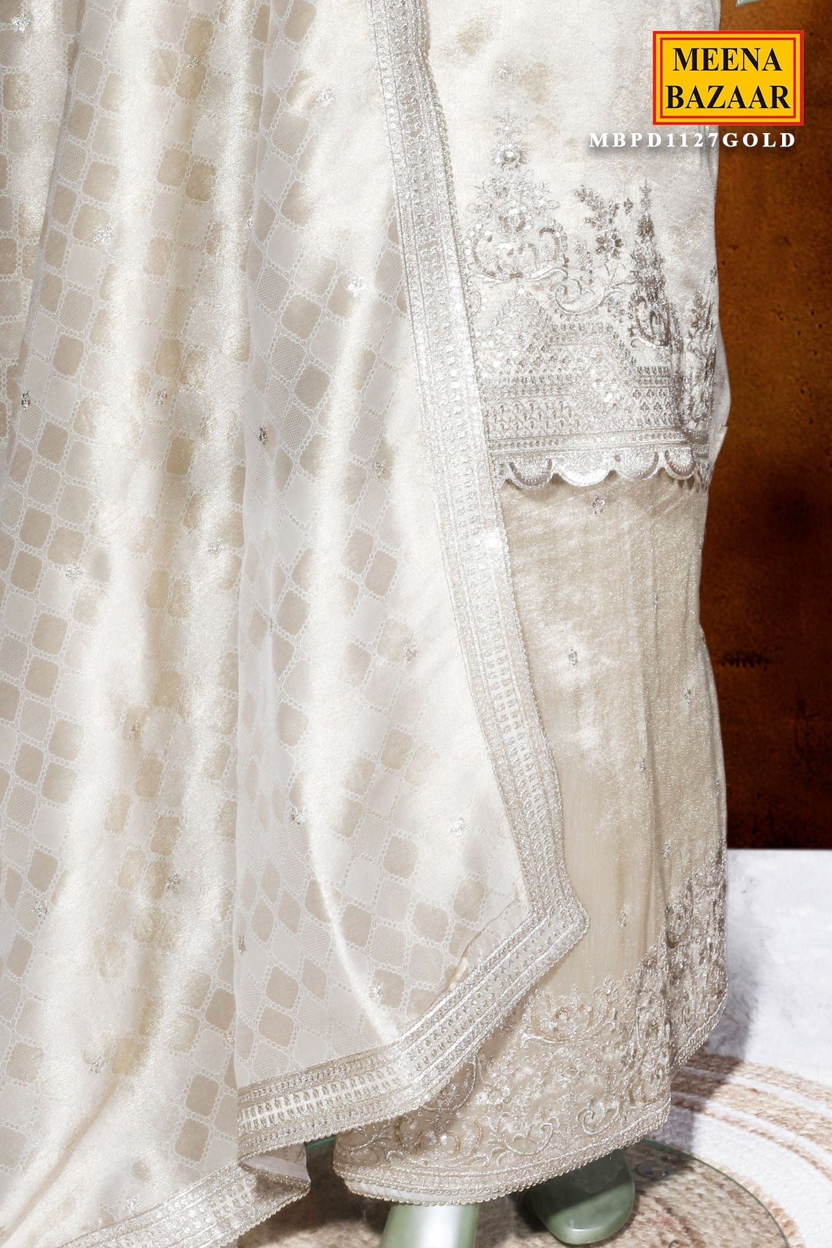 Gold Silk Unstitched Suit with Zari & Sequin Work