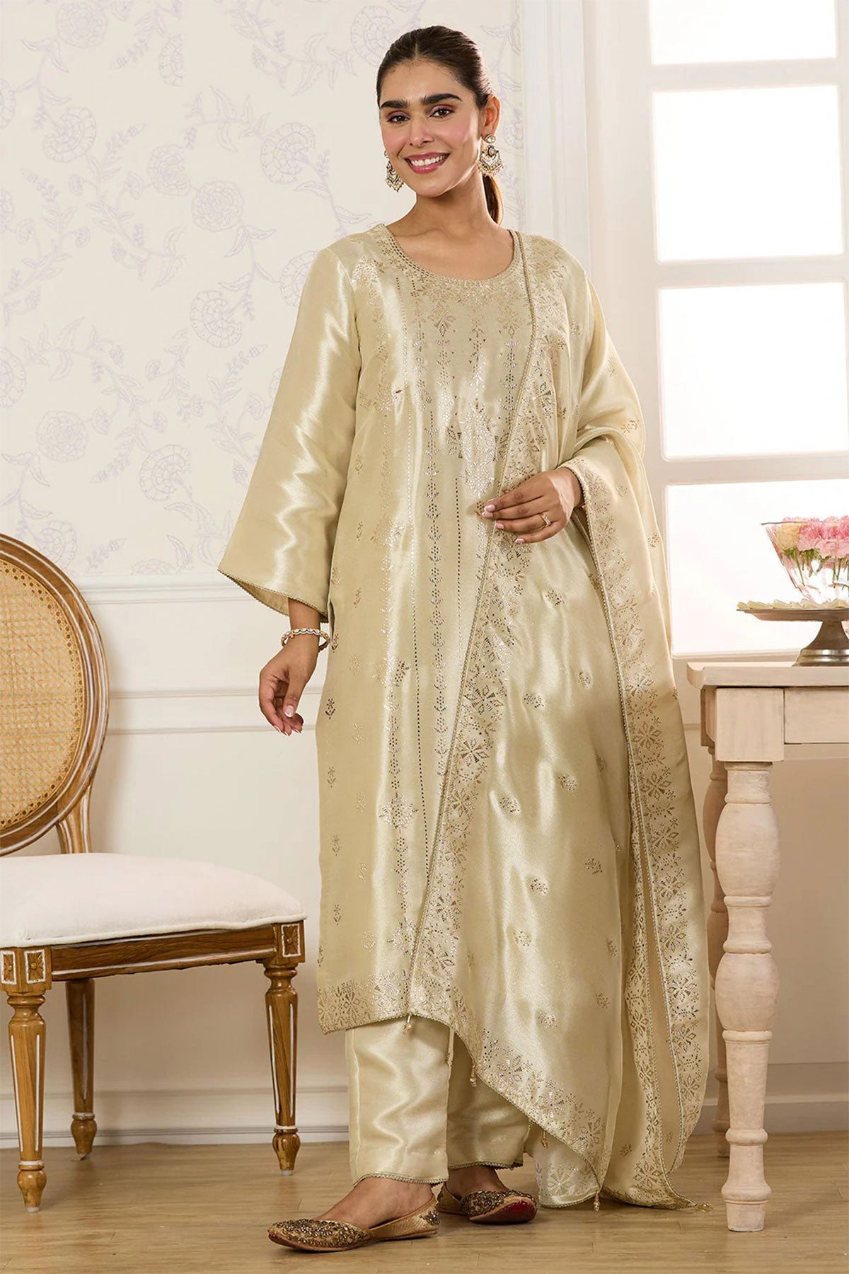 Cream Shisha Silk Work Unstitched Suit Material