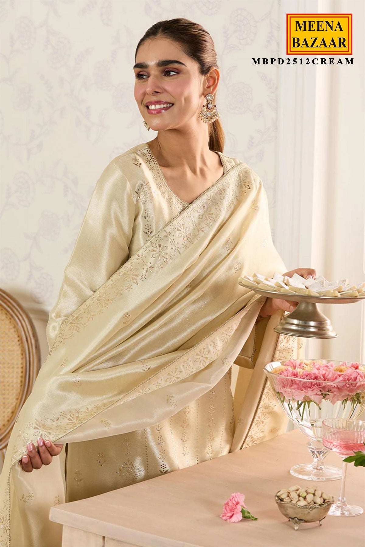 Cream Shisha Silk Work Unstitched Suit Material