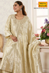 Cream Shisha Silk Work Unstitched Suit Material