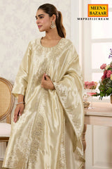 Cream Shisha Silk Work Unstitched Suit Material