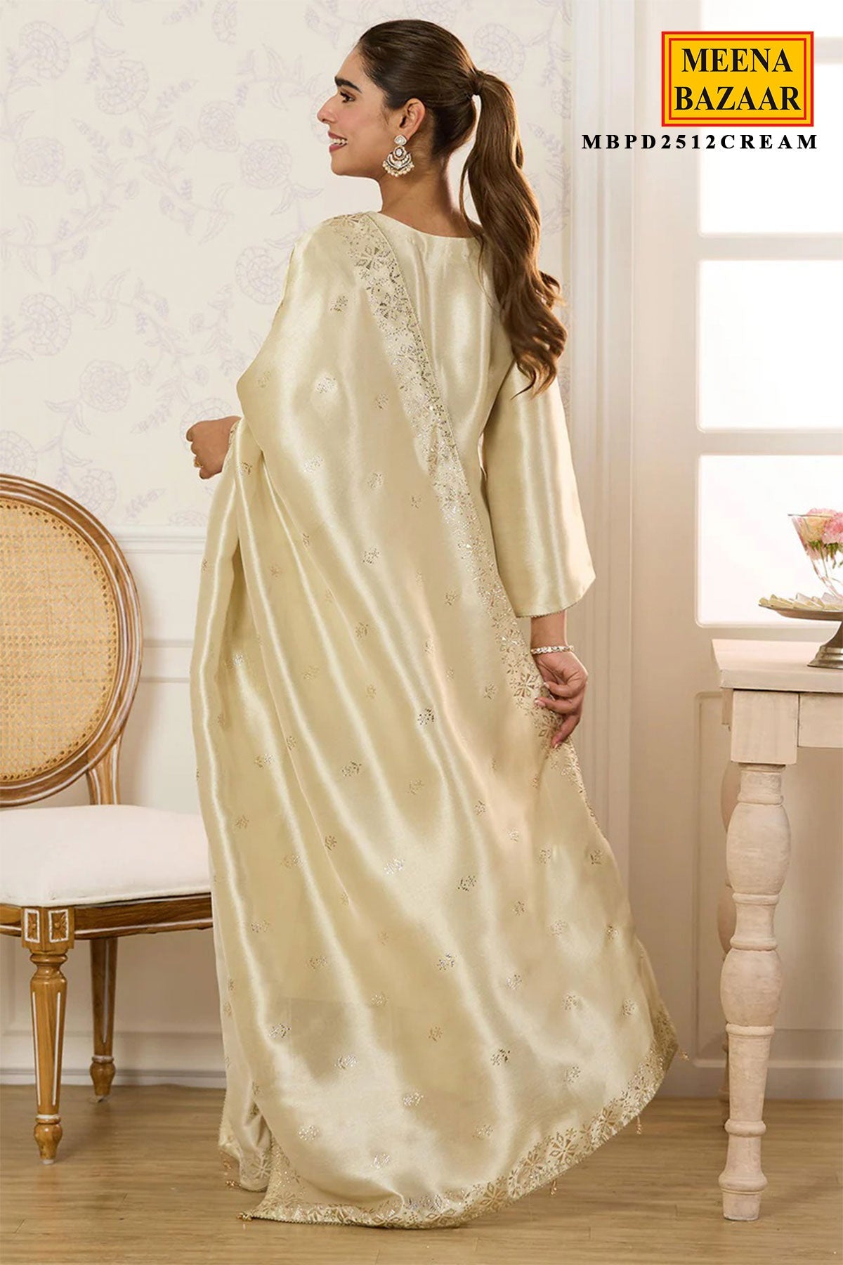 Cream Shisha Silk Work Unstitched Suit Material