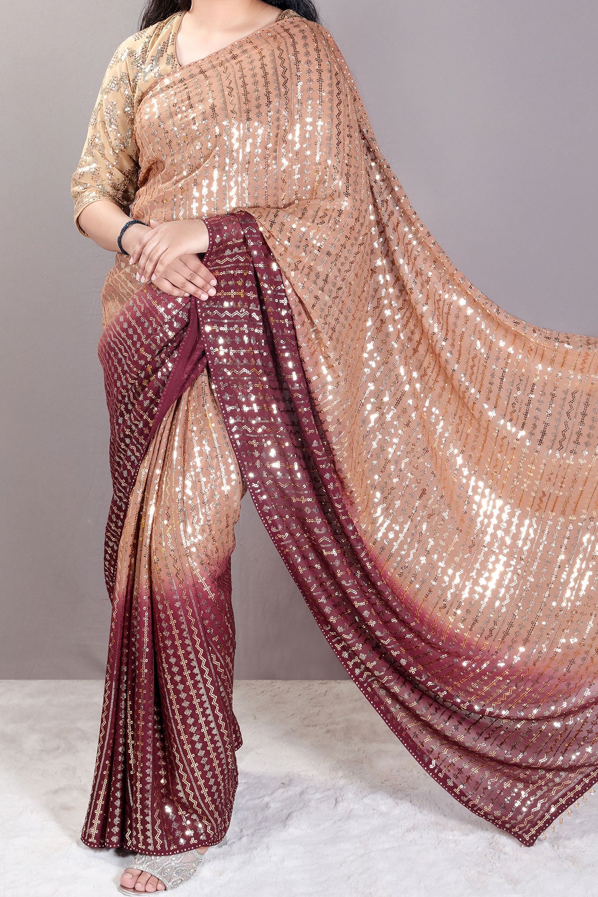 Brown & Wine Georgette Sequins Embroidered Saree with Tassels Embellishments