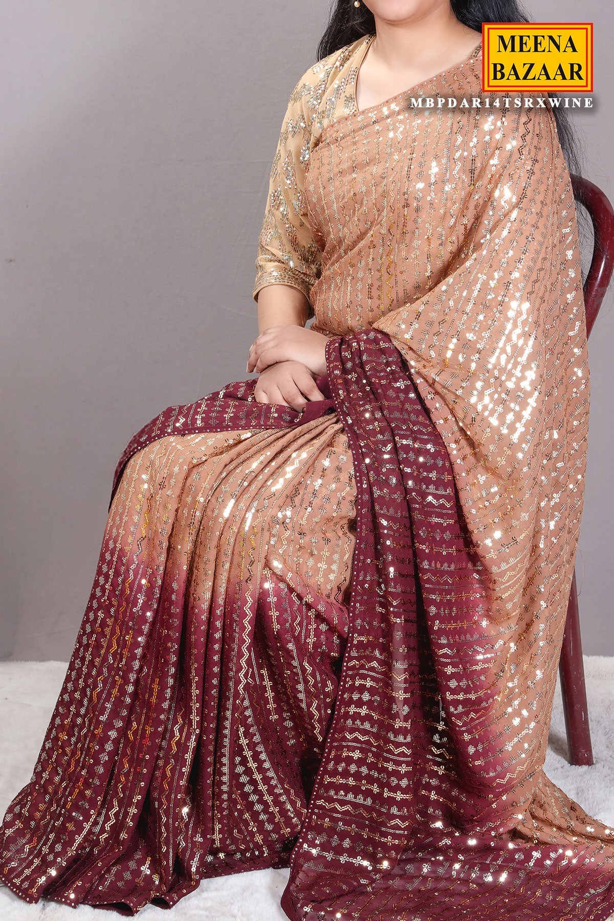 Brown & Wine Georgette Sequins Embroidered Saree with Tassels Embellishments