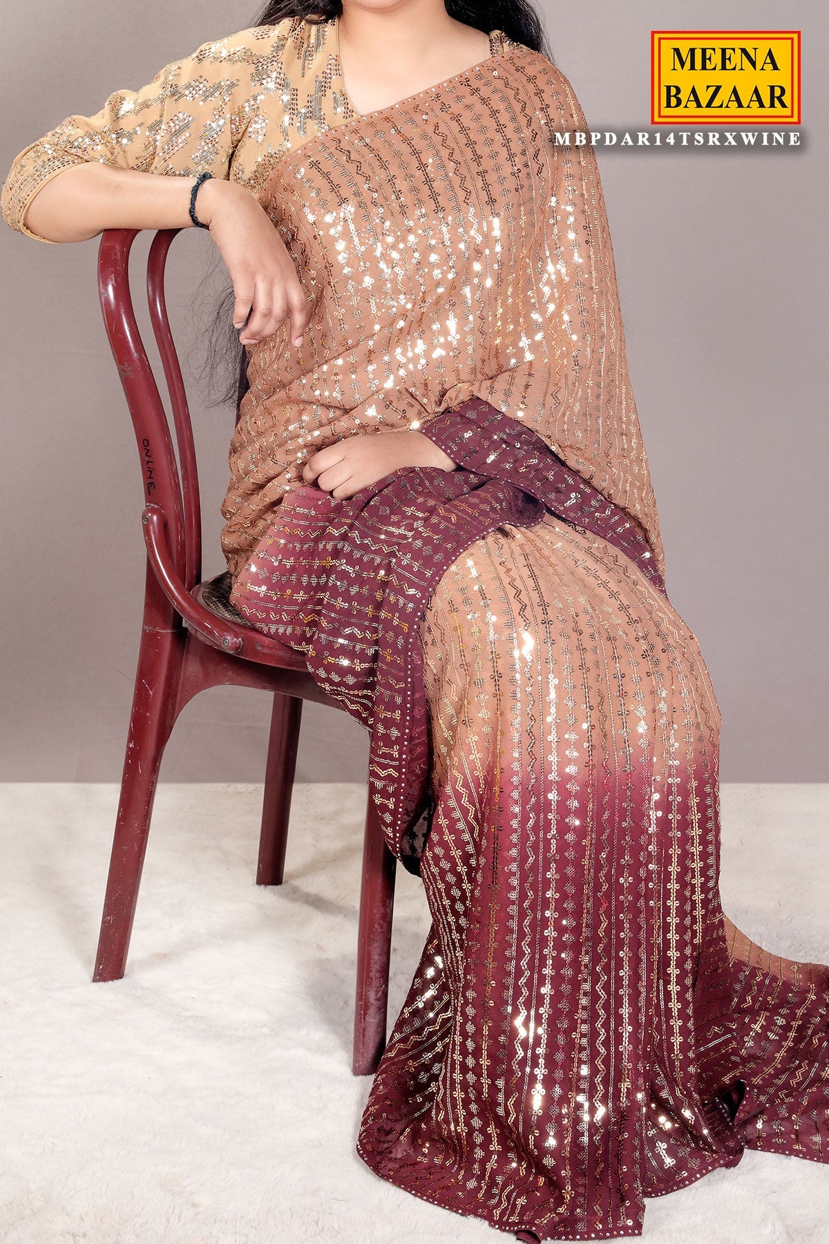 Brown & Wine Georgette Sequins Embroidered Saree with Tassels Embellishments