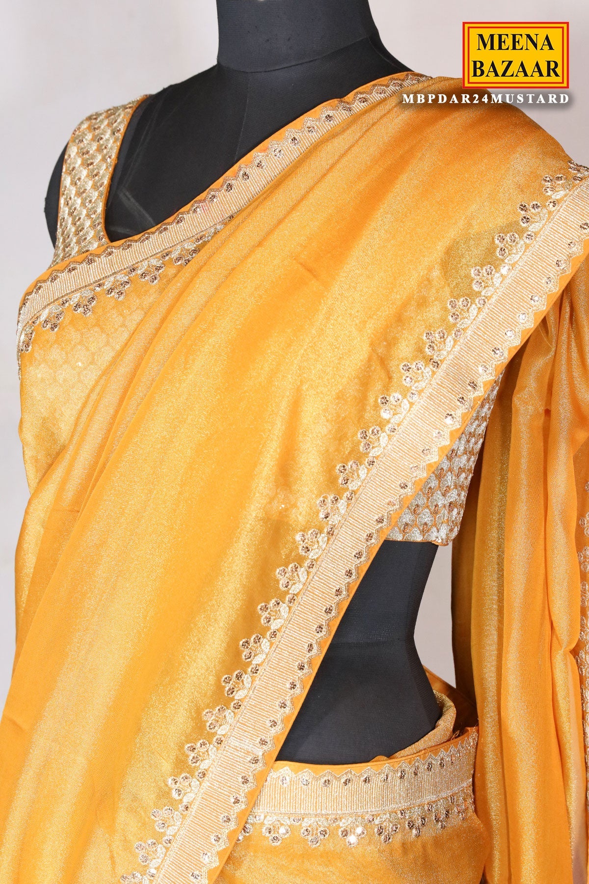 Mustard Shimmer Tissue Zari Embroidered Saree With Ready Blouse