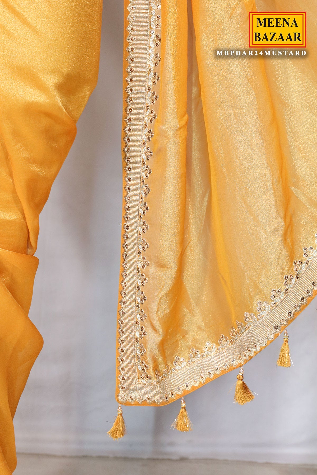Mustard Shimmer Tissue Zari Embroidered Saree With Ready Blouse