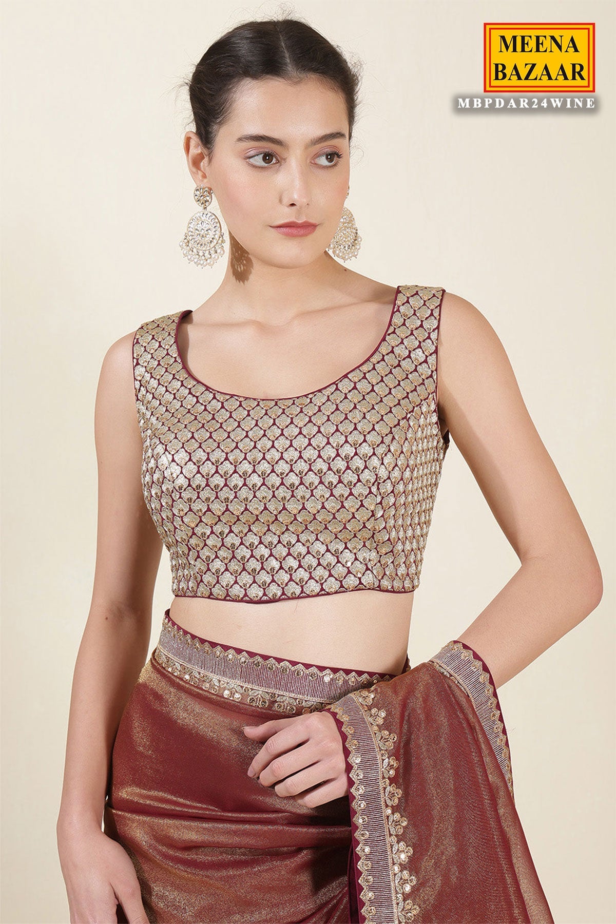 Blush Wine & Gold Shimmer Tissue Embroidered Saree with Readymade Blouse