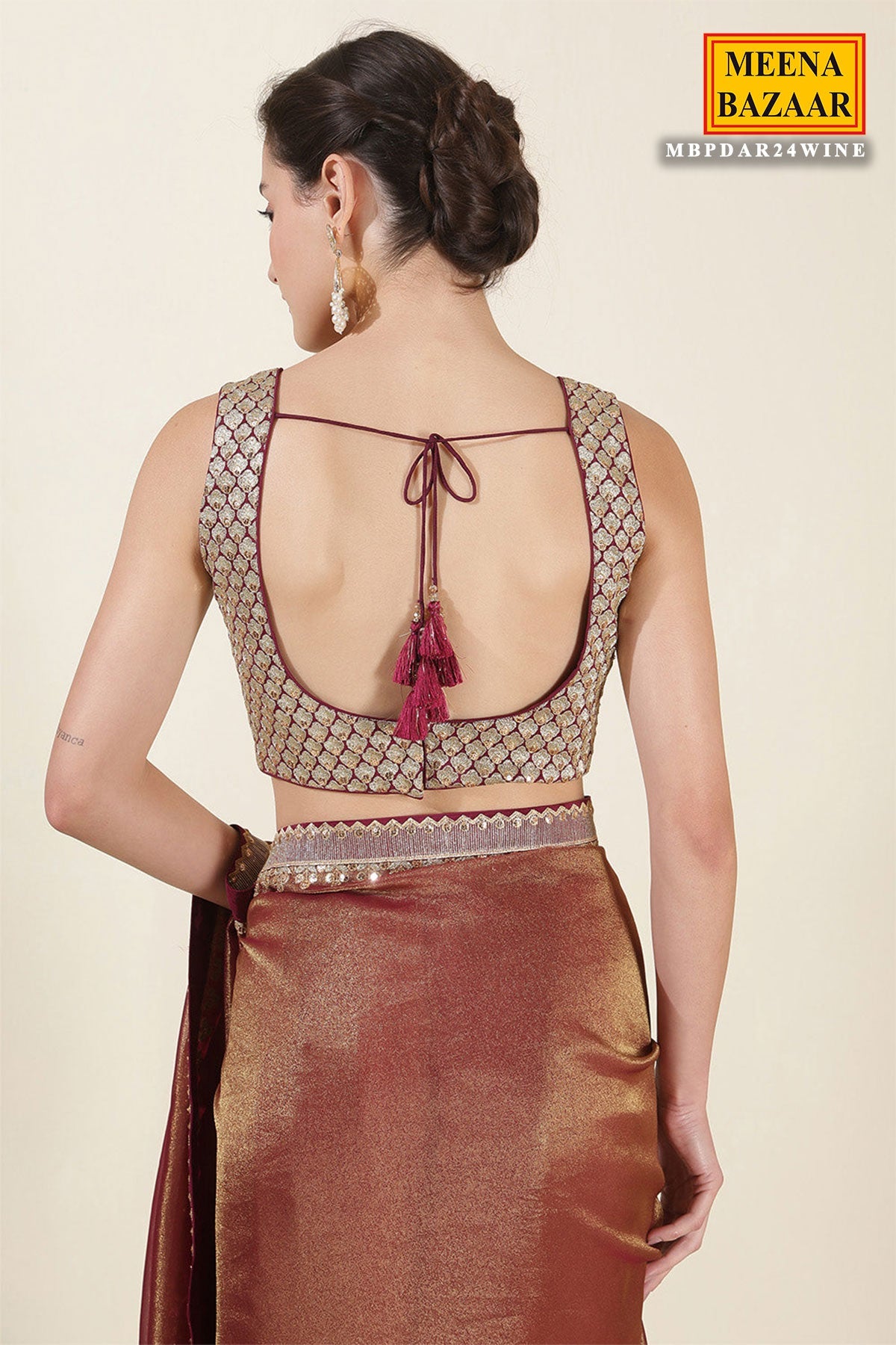 Blush Wine & Gold Shimmer Tissue Embroidered Saree with Readymade Blouse